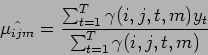 \begin{displaymath}
\hat{\mu_{ijm}} = \frac{\sum_{t=1}^T \gamma (i,j,t, m) y_t}{\sum_{t=1}^T \gamma (i,j,t,m)}
\end{displaymath}