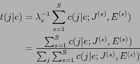 \begin{displaymath}\begin{split}t(j\vert e) &= \lambda^{-1}_e \sum^S_{s=1} c(j\v...
...{\sum_j \sum^S_{s=1} c(j\vert e; J^{(s)}, E^{(s)})} \end{split}\end{displaymath}