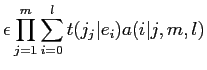 $\displaystyle \epsilon \prod_{j=1}^{m} \sum_{i=0}^{l}t(j_{j}\vert e_{i})a(i\vert j,m,l)$