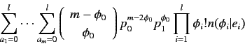 \begin{displaymath}\sum^l_{a_1=0} \cdots \sum^l_{a_m=0}
\left(
\begin{array}{c}
...
...-2\phi_0} p_1^{\phi_0} \prod^l_{i=1} \phi_i! n(\phi_i\vert e_i)\end{displaymath}
